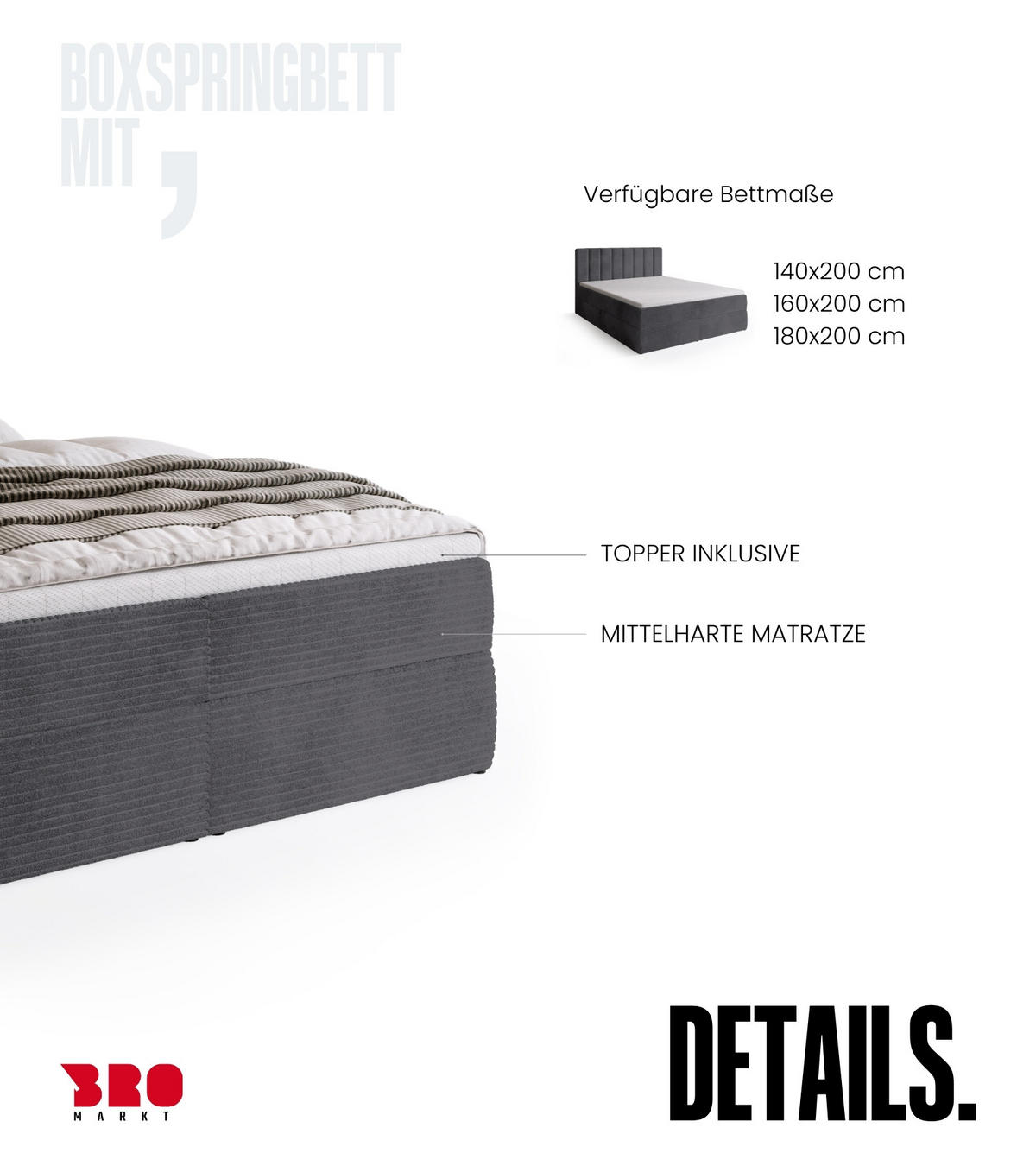 BOXBETT DENVER mit Topper 140x200 Dunkelgrau - Dunkelgrau, Textil (140/200cm) - Bromarkt