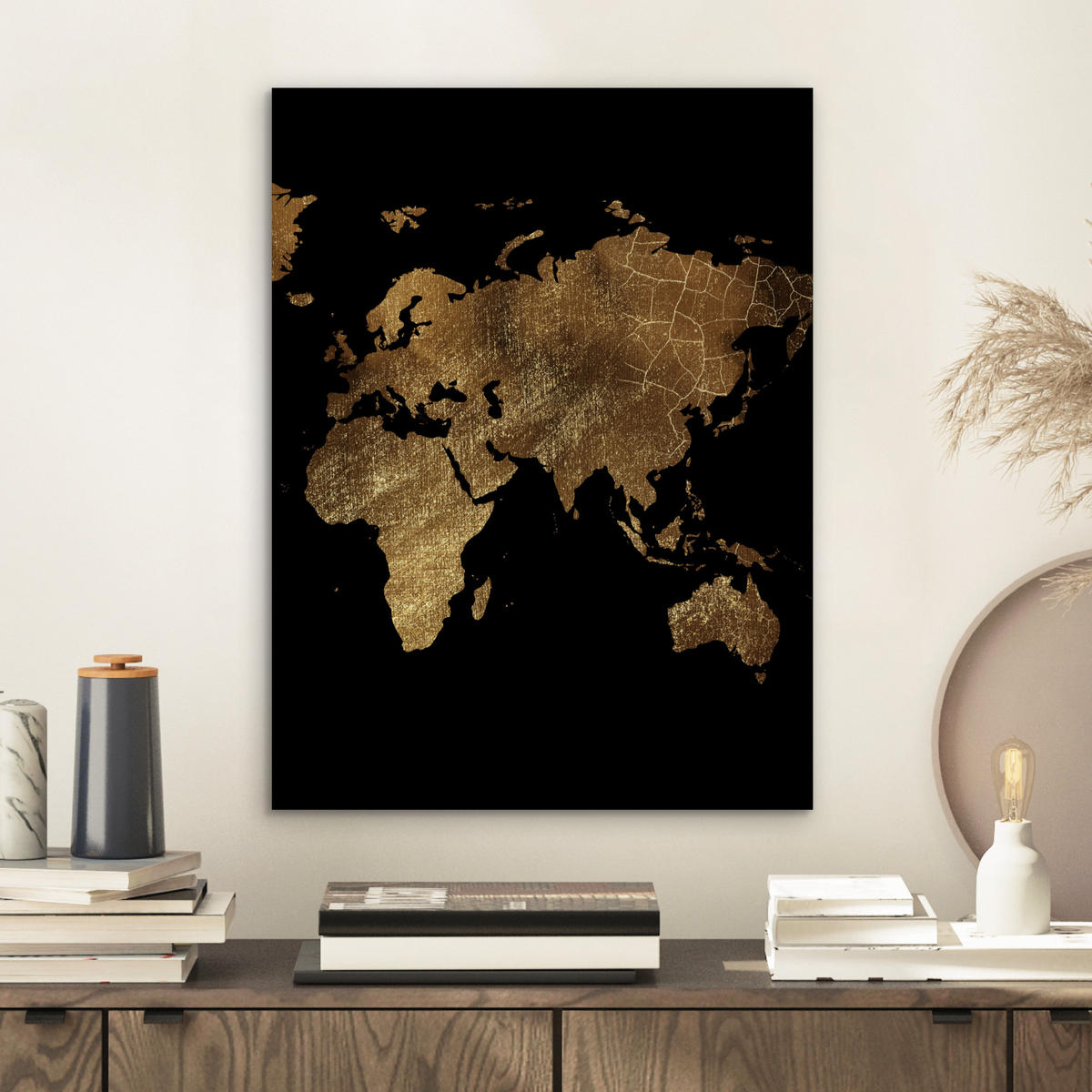 KOVOVÝ OBRAZ Mapa sveta - Zlato - Luxus - Zem - Čierna 30x40 cm - zlatá, kov (30/40cm) - MuchoWow
