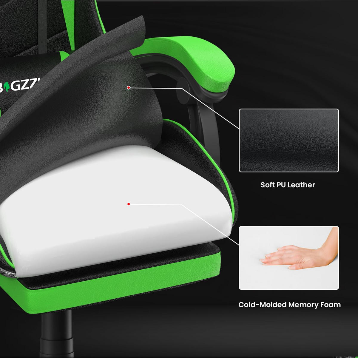 GAMING-STUHL höhenverstellbar, Fußstütze, Lendenkissen – Schwarz/Grün - Grün, Leder (50/134/50cm) - Rattantree
