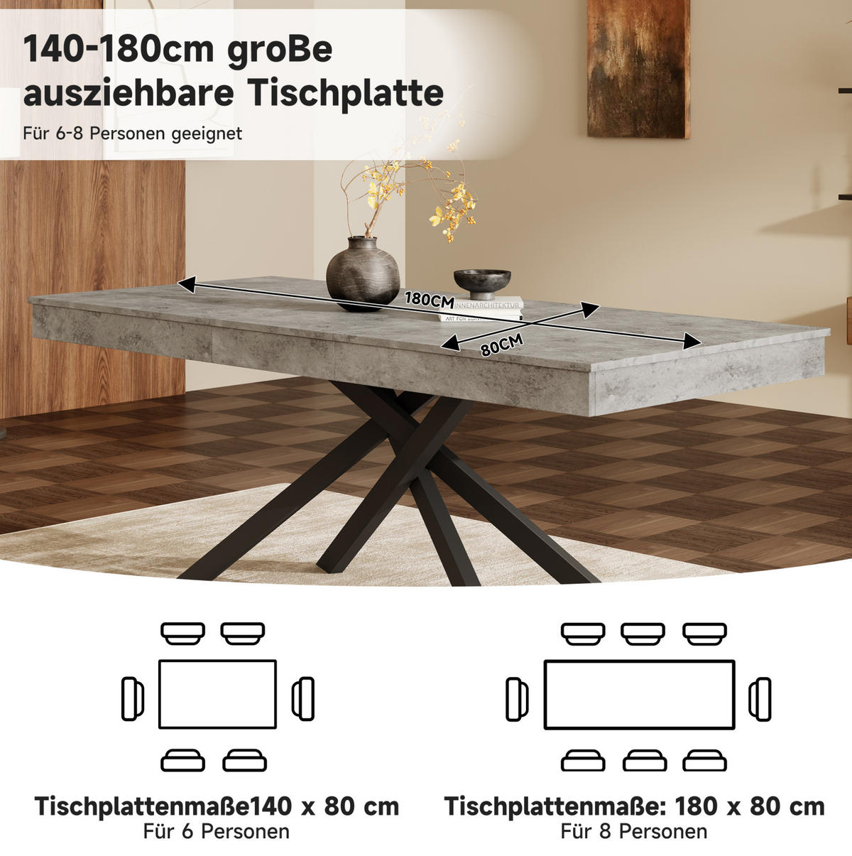 JÍDELNÍ stůl 140/180/80 cm šedý z MDF s rozkládací deskou pro 6–8 osob - šedá, kompozitní dřevo (180/80/76cm) - OKWISH