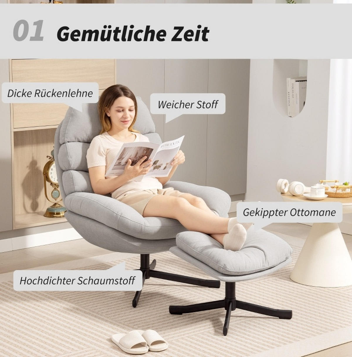 RELAXSESSEL mit Hocker Chenille-Stoff 360° drehbar 78/93/100 cm Cremeweiß - Creme, Textil (78/100/93cm) - Redom
