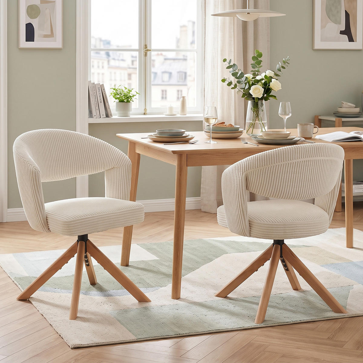 ESSZIMMERSTÜHLE 2er-Set Drehbar Cord Massivholz Retro-Stil - Beige, Textil (47/81.5/47.5cm) - Urban Meuble