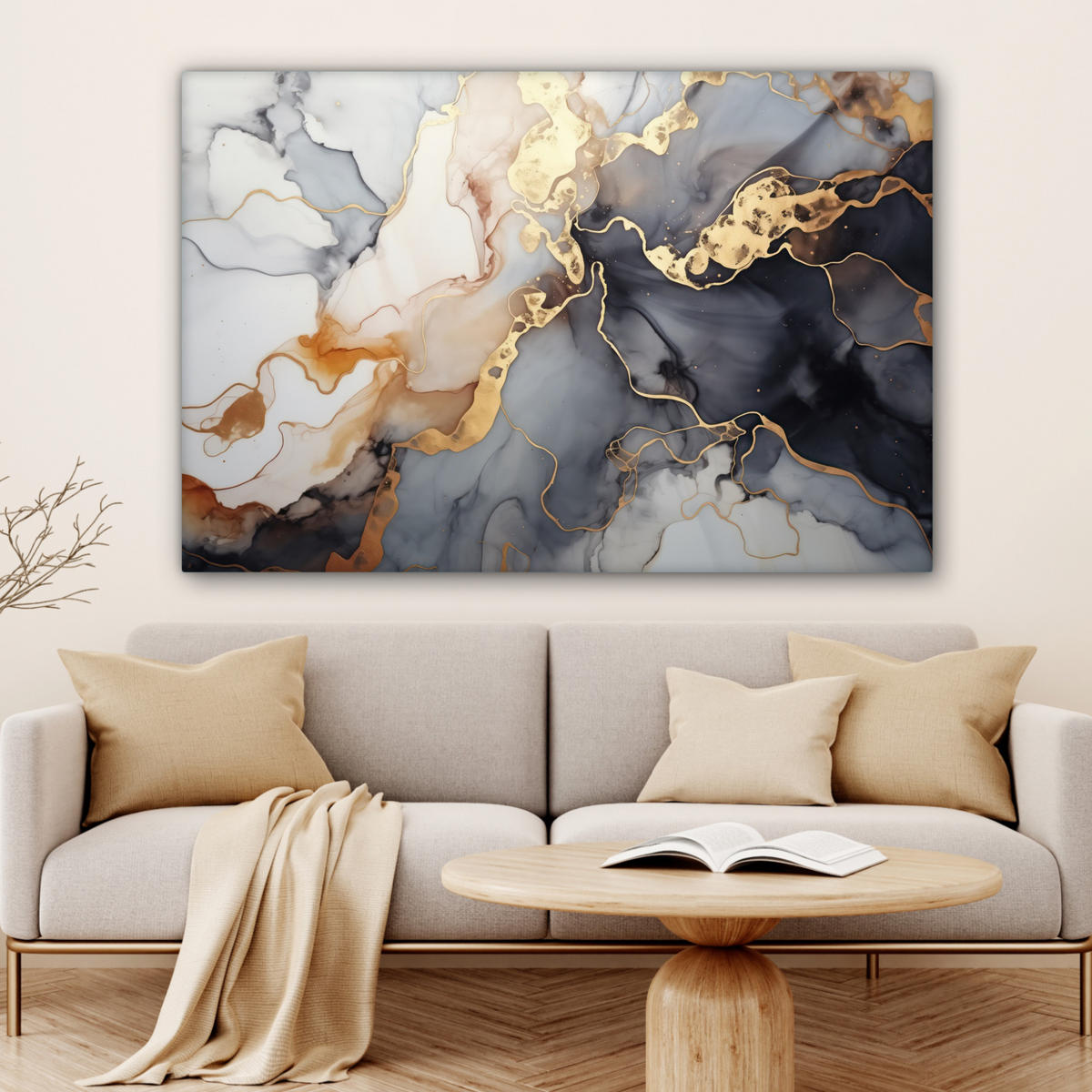 LEINWANDBILD Marmor - Schwarz - Gold - Weiß Wohnzimmer 120x80 cm - Dunkelgrau, Textil (120/80cm) - MuchoWow
