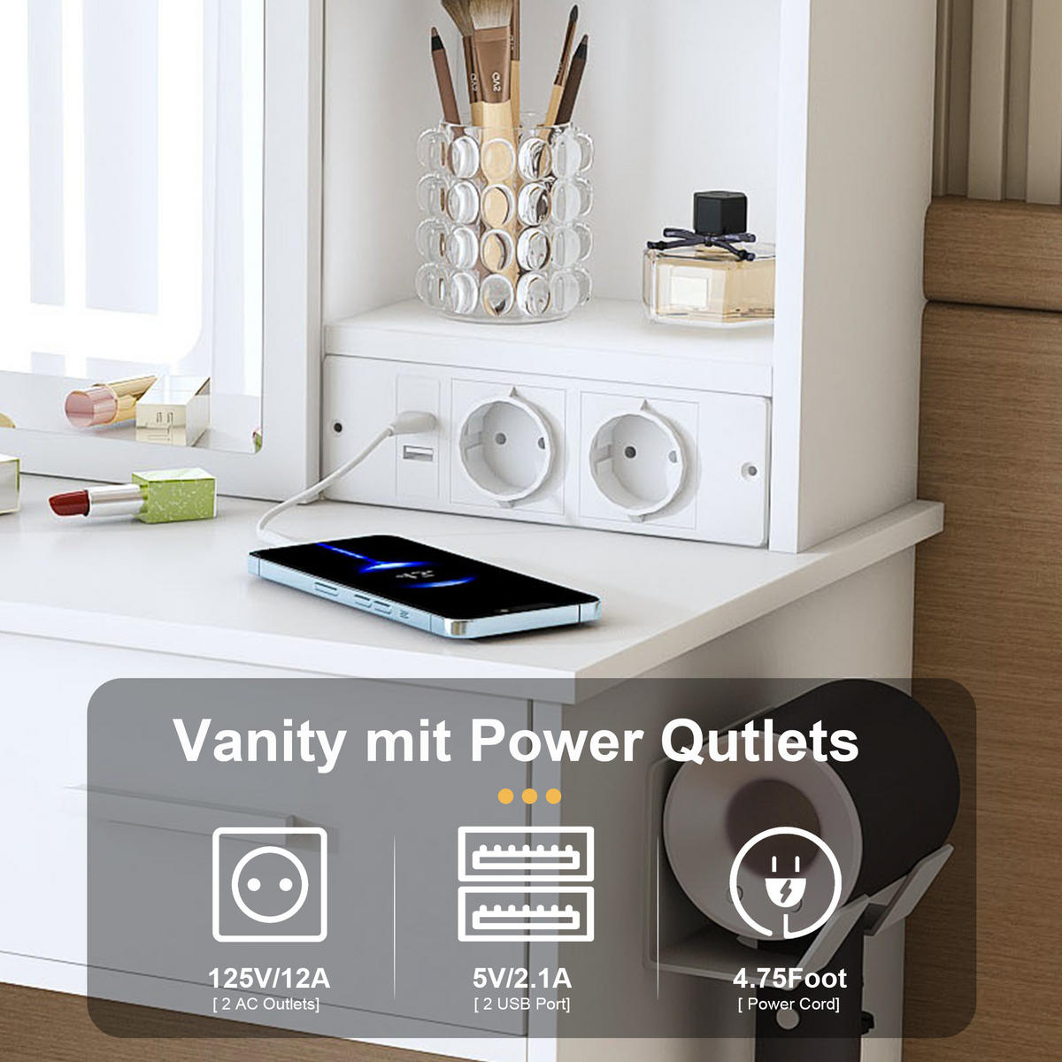 SCHMINKKOMMODE in Weiß 60/36/136 cm aus MDF mit LED-Beleuchtung, Spiegel, Steckdosen und Hocker - Weiß, Glas/Holzwerkstoff (60/136/36cm) - CHICFURN