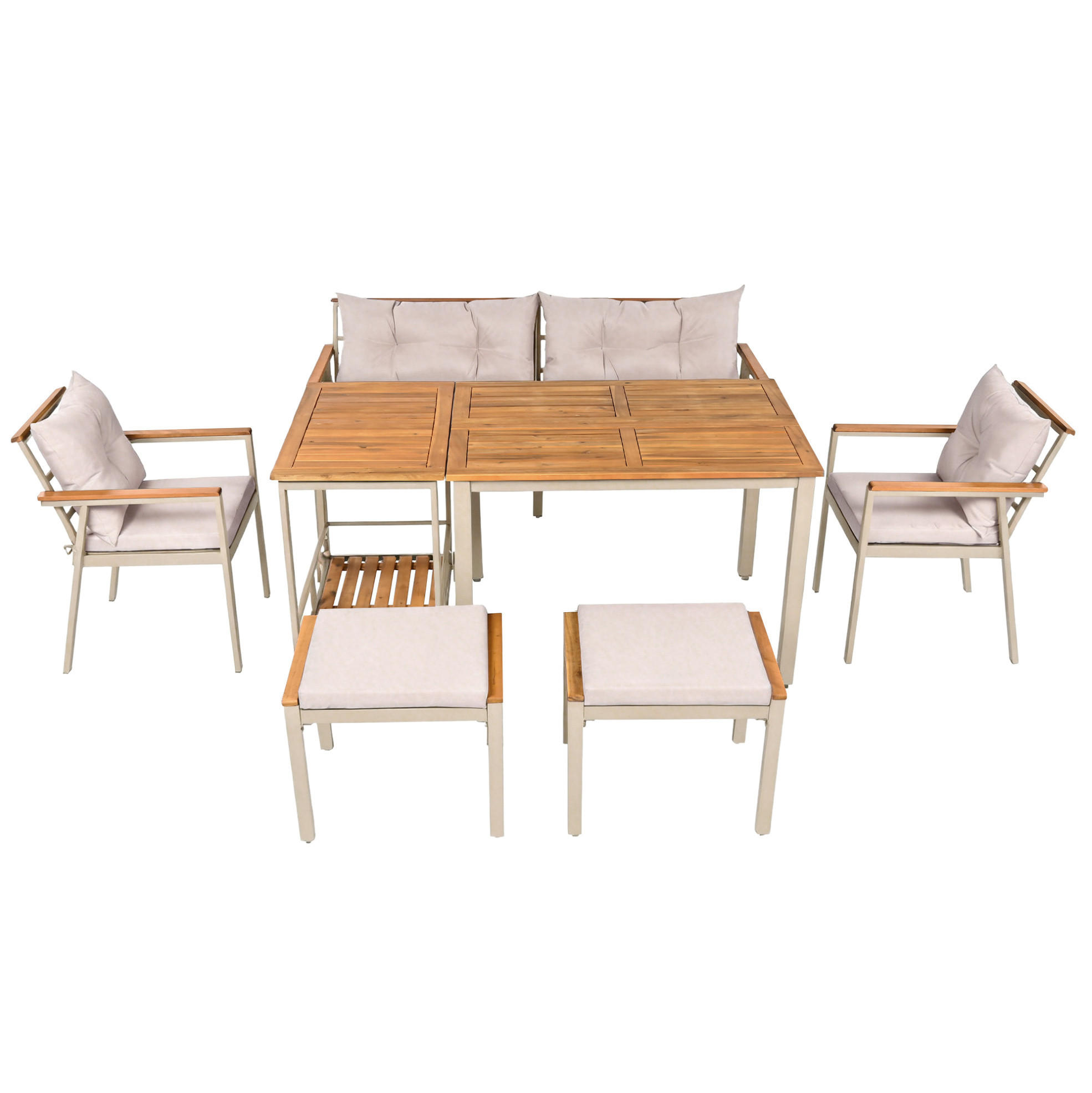 GARTEN-ESSTISCHSET für 6-7 Personen mit abnehmbarem Servierwagen und wasserabweisenden Kissen, Beige/Natur - Beige, Metall - Redom