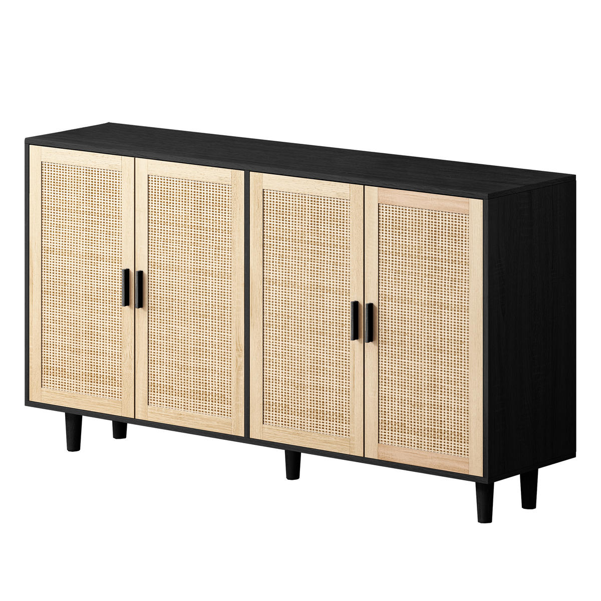 KOMODA dřevěný materiál v černé barvě s ratanovými čely, 4 dvířka - černá, kompozitní dřevo (158/88/40cm) - Urban Meuble
