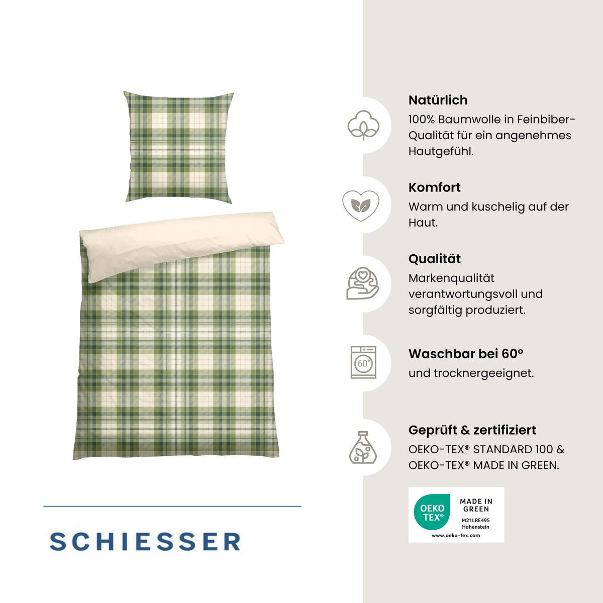 BETTWÄSCHESET Morris - Feinbiber - 2-teilig - 135 x 200 cm - Grün - Grün, Textil (135/200cm) - SCHIESSER