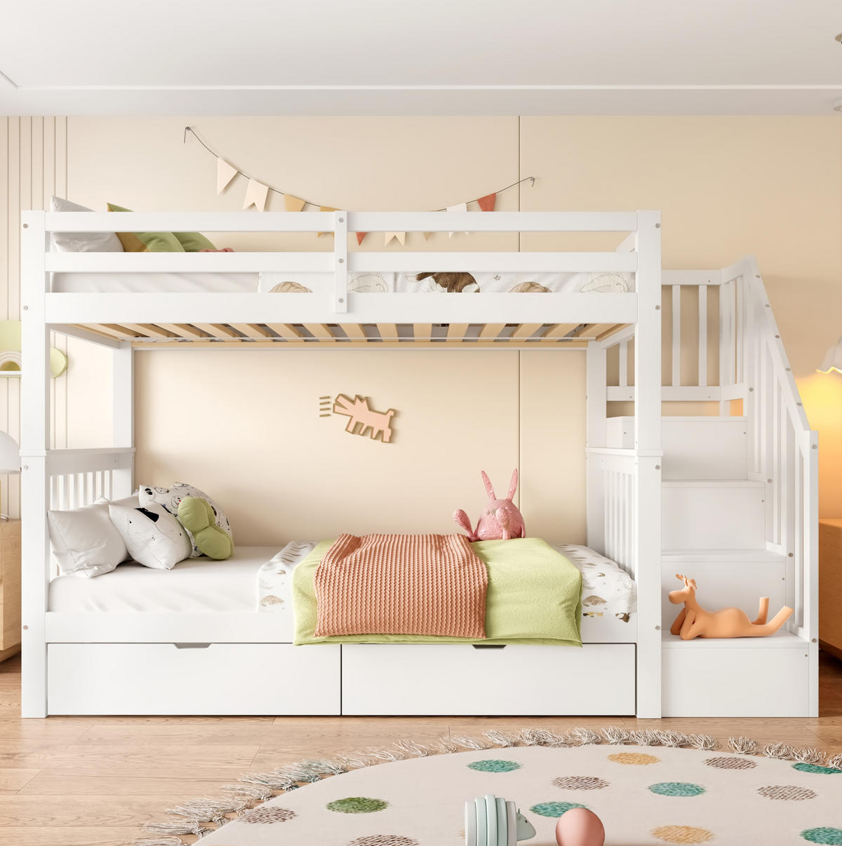 ETAGENBETT 90/200 cm weiß mit Treppenregal und zwei Schubladen - Weiß, Holz (90/200cm) - OKWISH