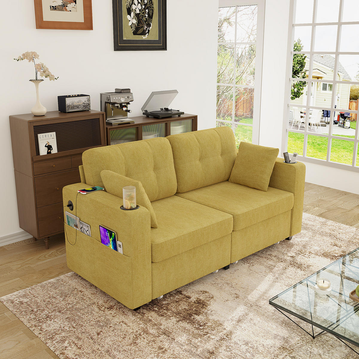2-SITZER Sofa 172/75/82 cm mit USB-Anschlüssen, Stauraumschubladen und Getränkehaltern, Chenille, Senfgelb - Gelb, Textil (172/82/75cm) - Redom