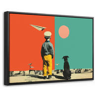 LEINWAND Bilder mit Rahmen - Retro - Junge - Hund - Rot - Grün - 30x20 - Orange, Textil (30/20cm) - MuchoWow