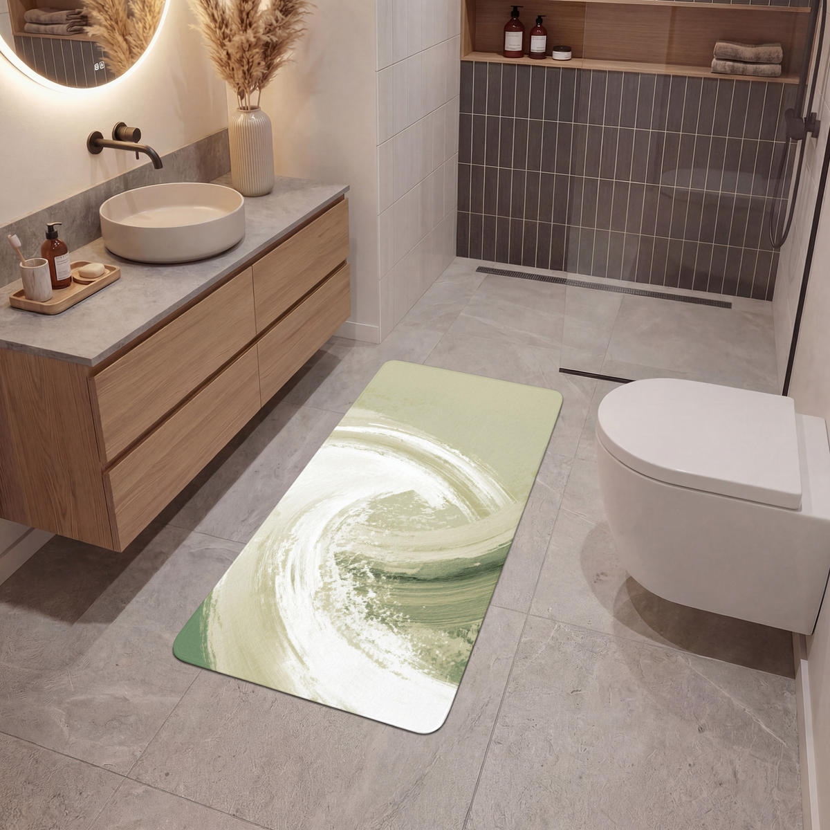 KOUPELNOVÁ PŘEDLOŽKA Abstraktní - Tahy štětcem - Vlny - Zelená 60x120 cm - mátově zelená, textil/plast (60/120cm)