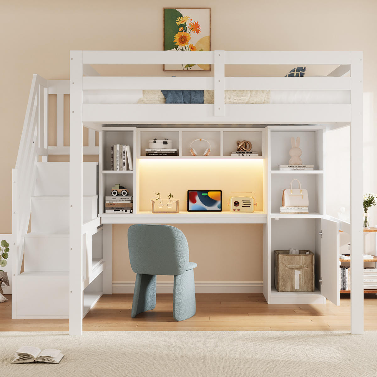 HOCHBETT 140/200 cm in Weiß mit Treppe, Schreibtisch, Regalen, Schränken, LED und Steckdosen aus Holz - Weiß, Holzwerkstoff - STILVORA