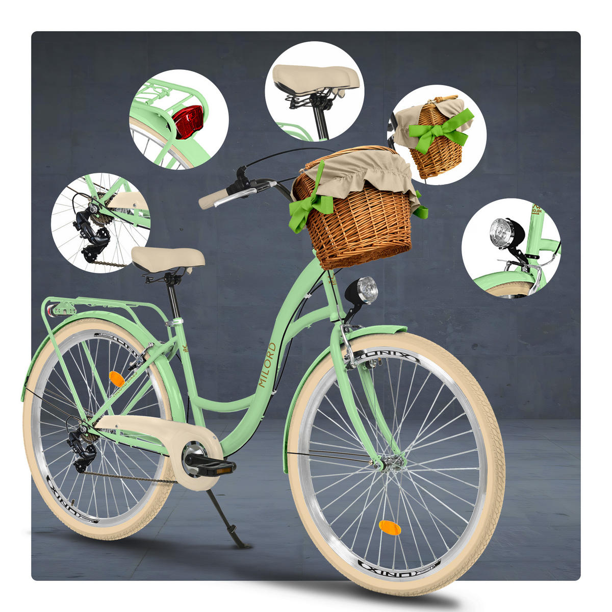 CITY-FAHRRAD Milord mit Weidenkorb, 28 Zoll, Mintze, 7-Gang - Creme/Grün, Metall (46cm) - Milordbikes