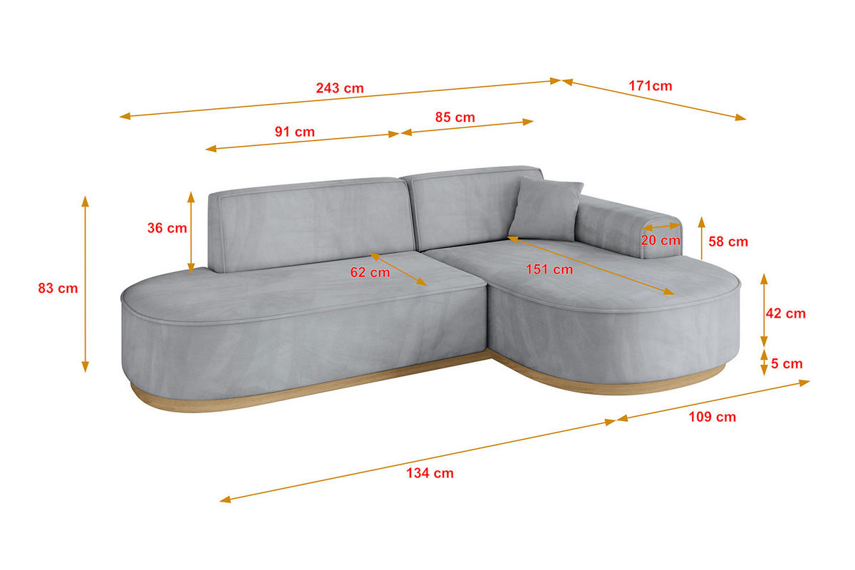 ECKSOFA Ottomane Rechts MARI-L1-v2 - 243x171x83 cm Grau Velours - Grau, Holzwerkstoff/Textil (171/243cm) - ALTDECOR
