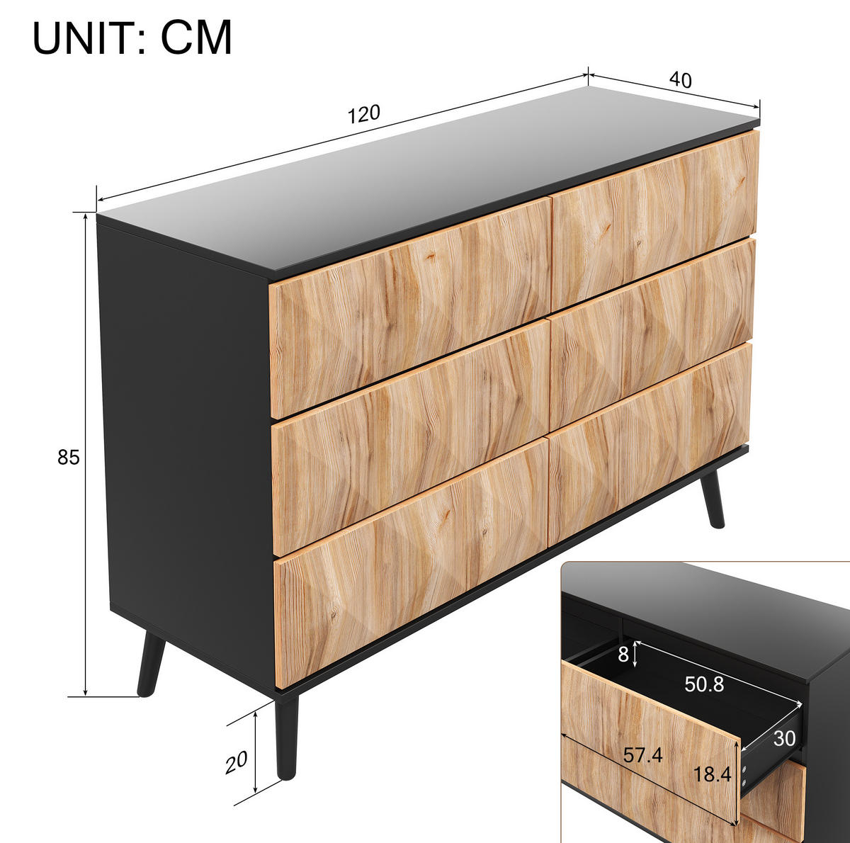 KOMODA, 120/40/85 cm, MDF a drevotrieska, čierna/prírodná, so 6 zásuvkami - prírodná farba, kompozitné drevo (40/85/120cm) - BEAOK