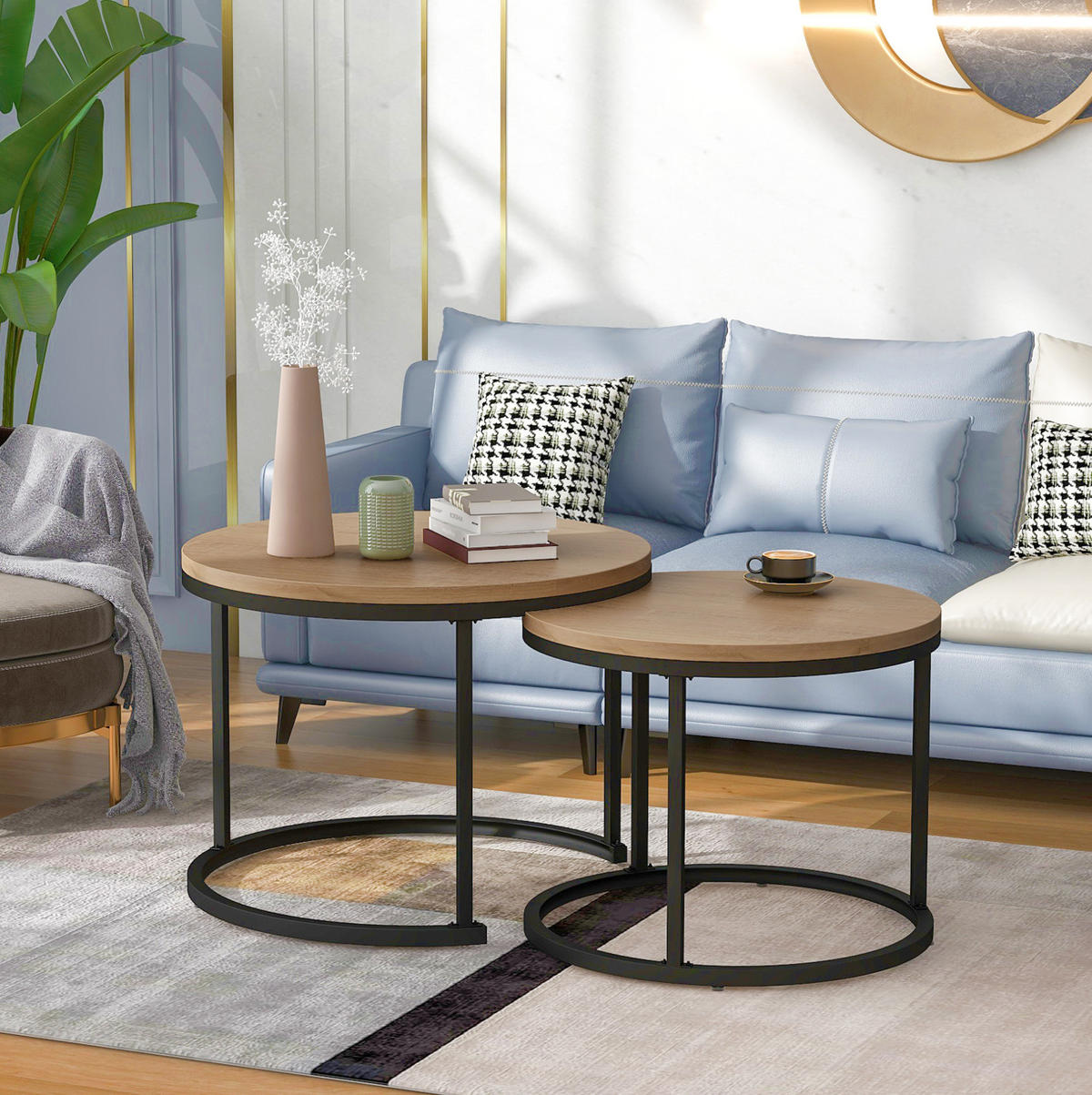 2ER Set runde Couchtische, groß & klein, MDF in Eichefarben, Metallrahmen, 50/70,5 + 45,5/44 cm,Eichefarben - Eichefarben, Holzwerkstoff (70.5/70.5/50cm) - Redom