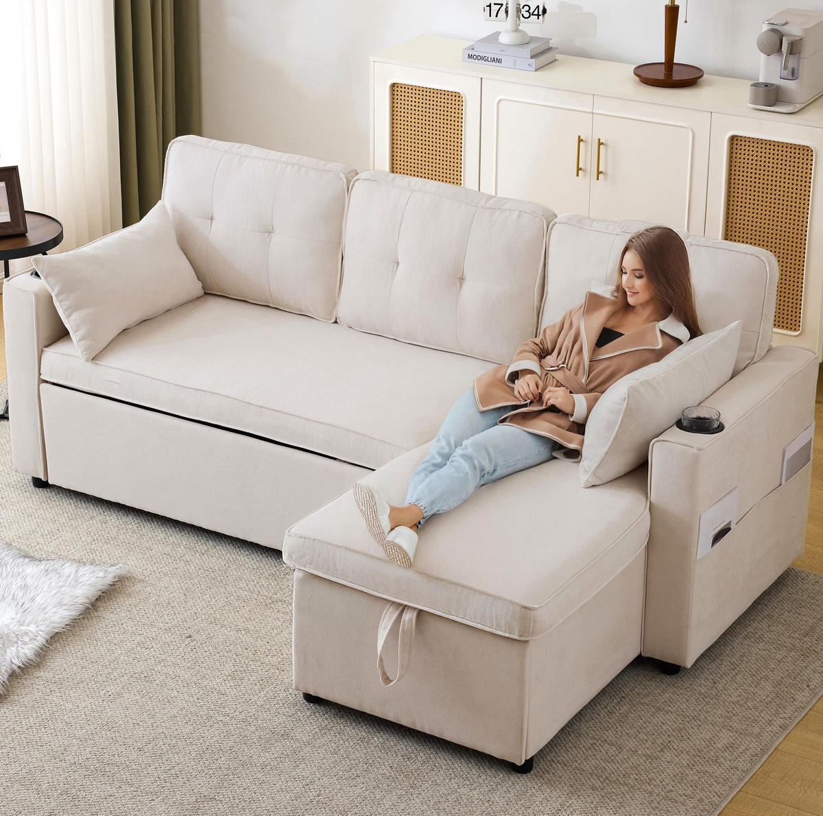 SCHLAFSOFA aus Baumwoll-Leinen 211x130x86 cm Beige mit Stauraum, Getränkehaltern und wechselbarer Chaiselongue - Beige, Textil (211/86/129.5cm) - Modfu