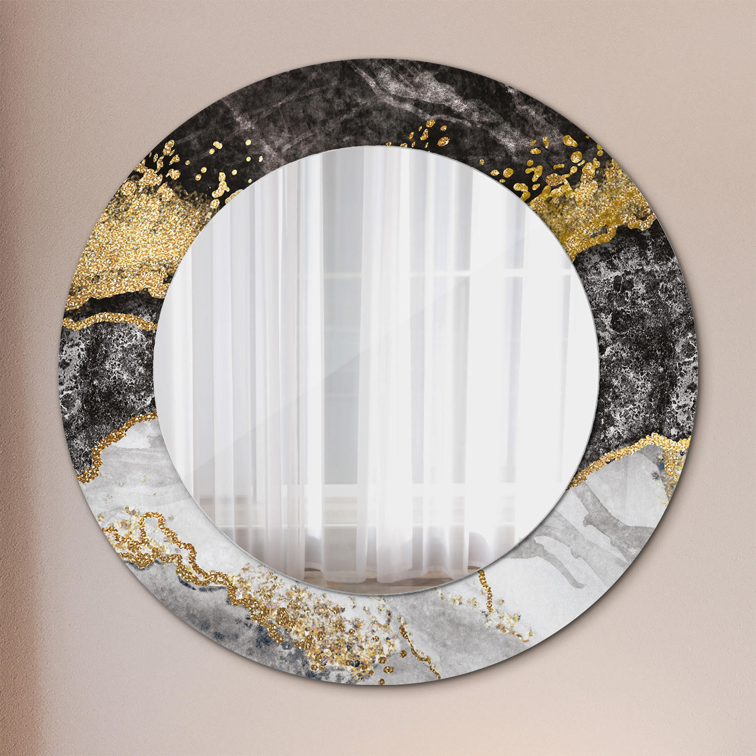 SPIEGEL Ø50 cm Rund mit Aufdruck - Goldfarben, Glas (50/50/0.4cm) - TULUP
