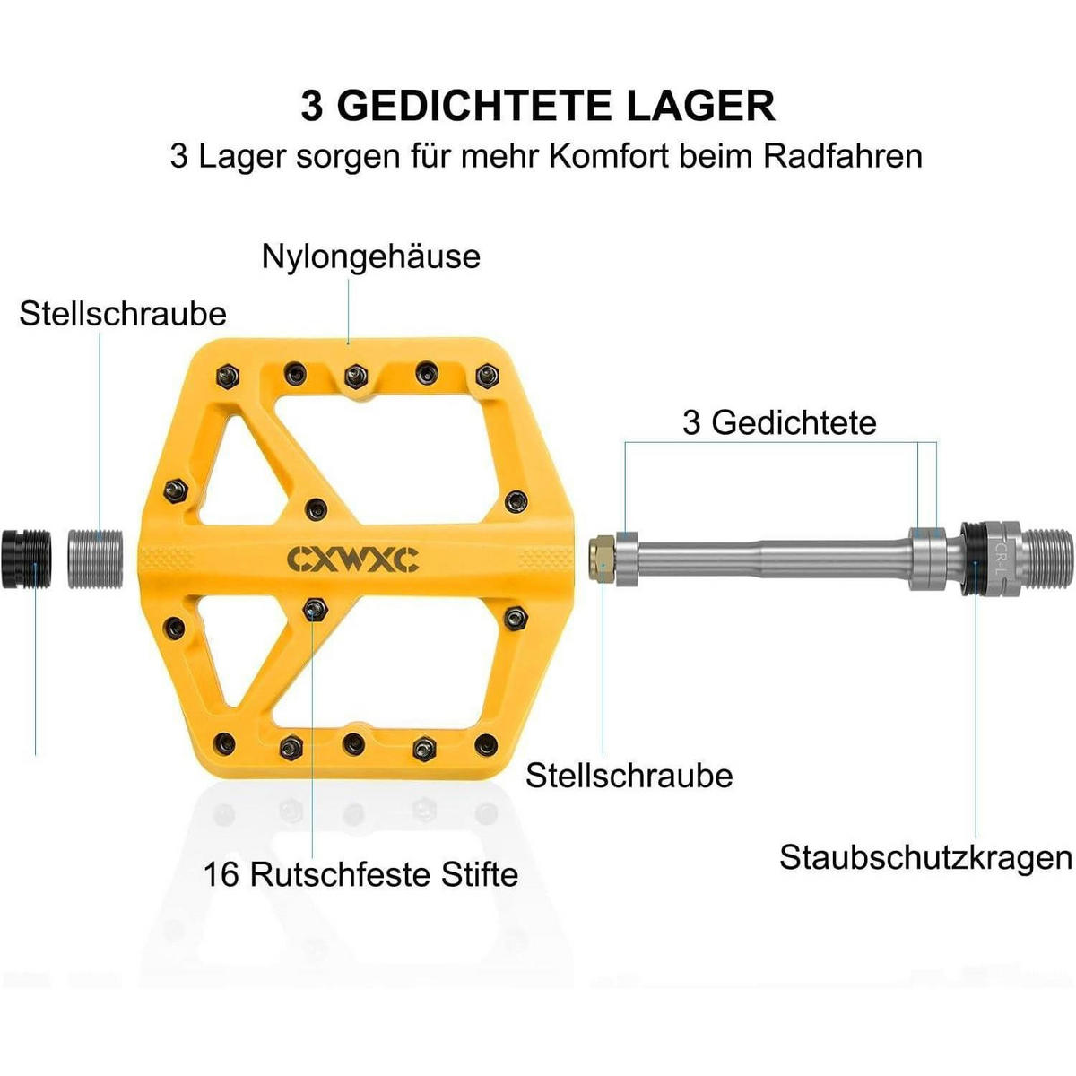 FAHRRADPEDALE Nylonfaser Gelb mit 3 abgedichteten Lagern - Gelb, Kunststoff (12/1.5/12cm)