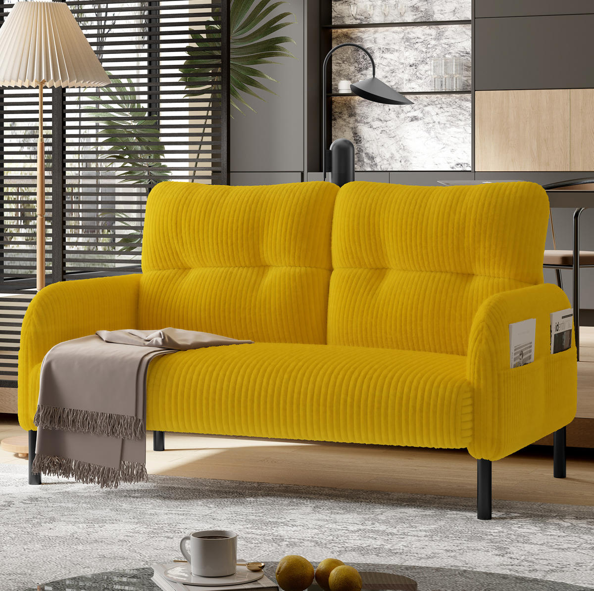 SOFA-SET 3er-Set mit 2-Sitzer, Sessel und Hocker Cord Gelb - Gelb, Textil (120/79/75cm) - IVMEU