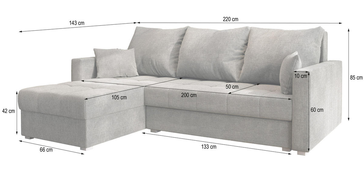 ECKSOFA NIDA Hellgrau Geflochtener Stoff mit Schlaffunktion - Hellgrau, Holz (220/143cm) - MASSENO