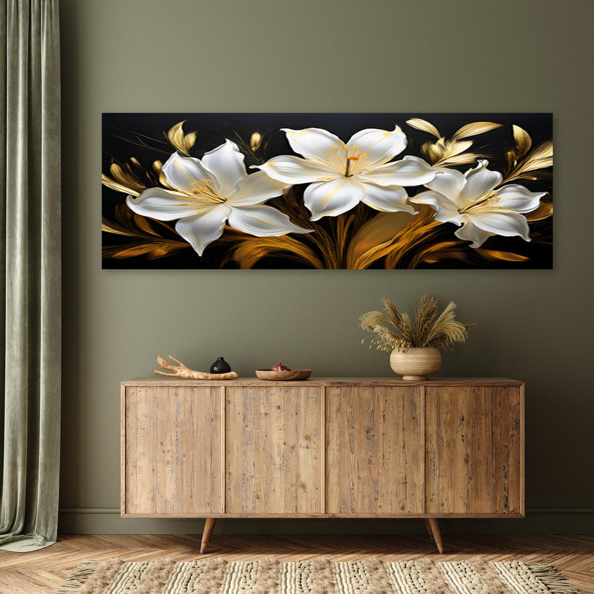 WANDBILD abstrakte glamour weiße lilien blumen - Weiß, Textil (90/30cm) - Feeby