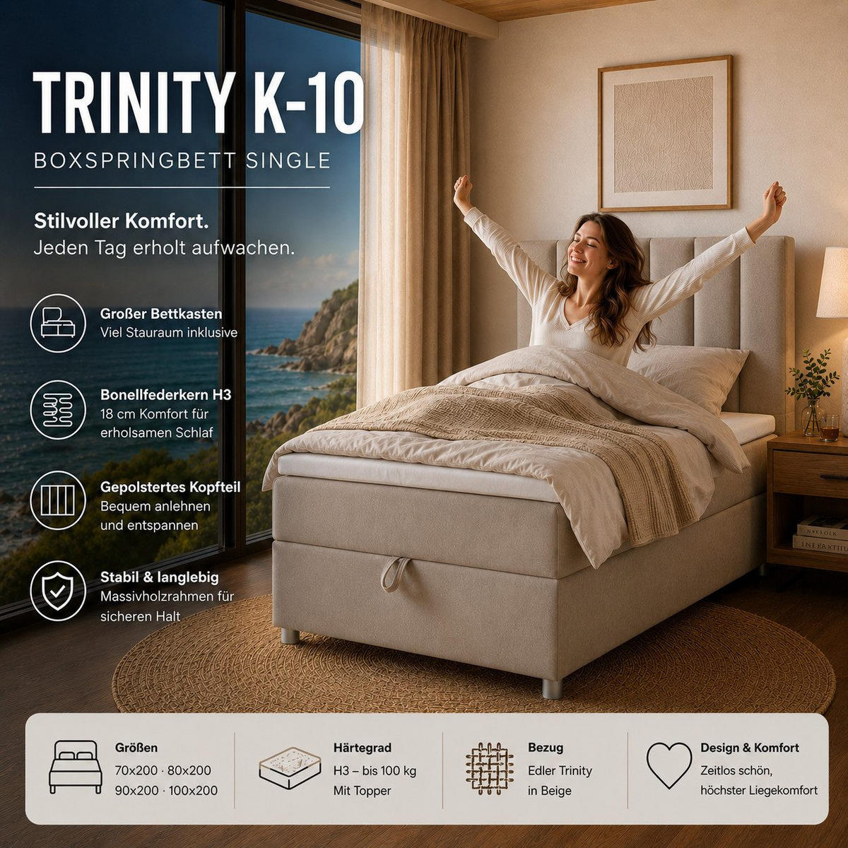 BOXBETT mit Bettkasten Trinity K-10 SINGLE Bonellfederkern inkl. Topper - Beige, Holz/Holzwerkstoff (90/200cm) - Best For Home