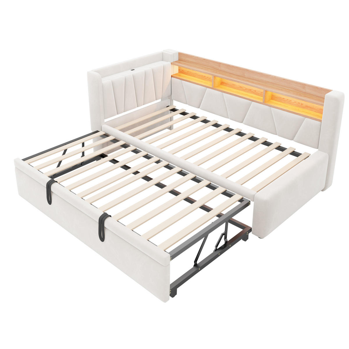 TAGESBETT 90x200/90x190 mit LED, USB/Stauraum, 3-in-1 Funktion, Samt, Beige - Beige, Holz (90/200cm) - LVHOM