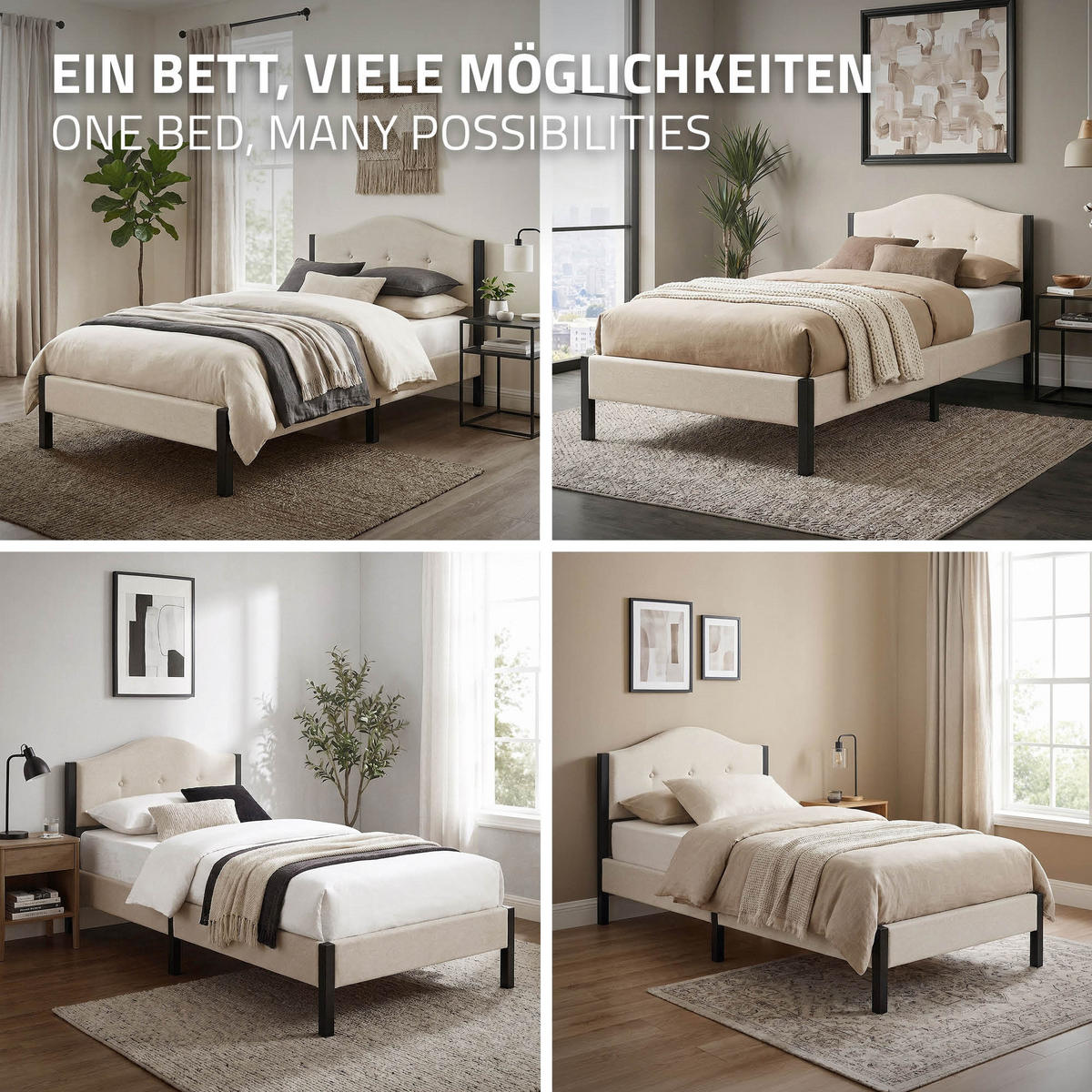 POLSTERBETT 90x200 cm Beige mit Lattenrost und Leinenstoff - Beige, Holzwerkstoff/Textil (90/200cm) - ML-DESIGN