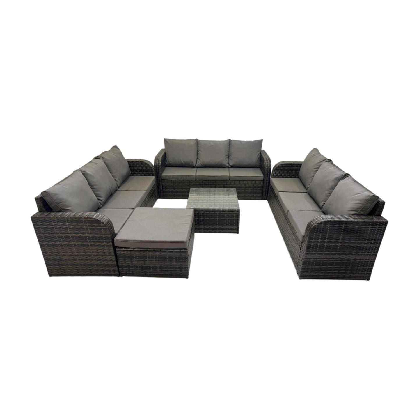 GARTENMÖBELGARNITUR mit KISSEN Polyrattan Dunkelgrau 10-Sitzer - Dunkelgrau/Grau, Glas/Kunststoff - Fimous