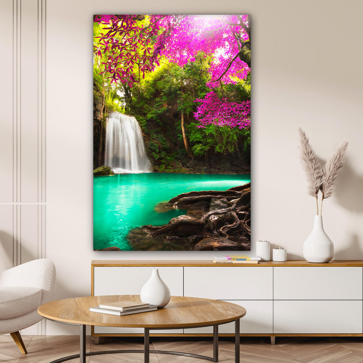 LEINWANDBILD Wasserfall mit bunten Blumen und Bäumen - Natur - Dschungel 80x120 cm - Waldgrün, Textil (80/120cm) - MuchoWow