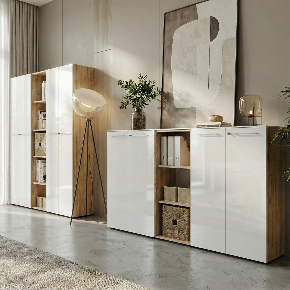 BÜRO-SET MUENCHEN 3-teilig | 2 Kommode x Regal | Glas Front & Abschließbar | Chalet-Eiche-Nb./Weiß - Weiß, Holzwerkstoff/Metall (240/120/37cm) - KADIMA DESIGN
