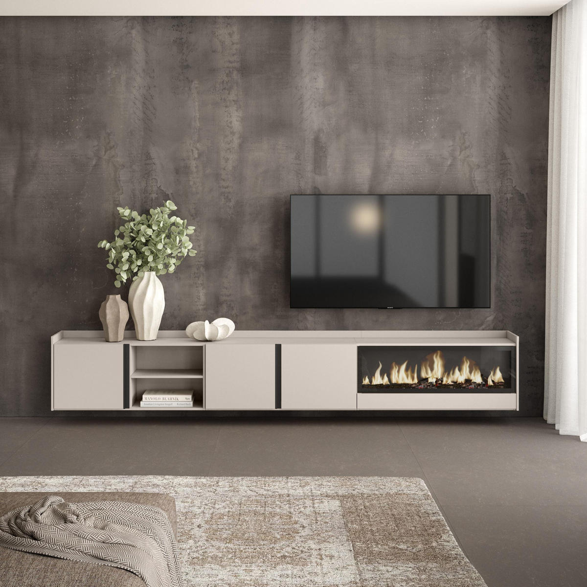 LOWBOARD, Beige, 315/35/50cm, Kamin mit Feuereffekt XXL - Beige, Holzwerkstoff (315/50/35cm) - Skraut Home