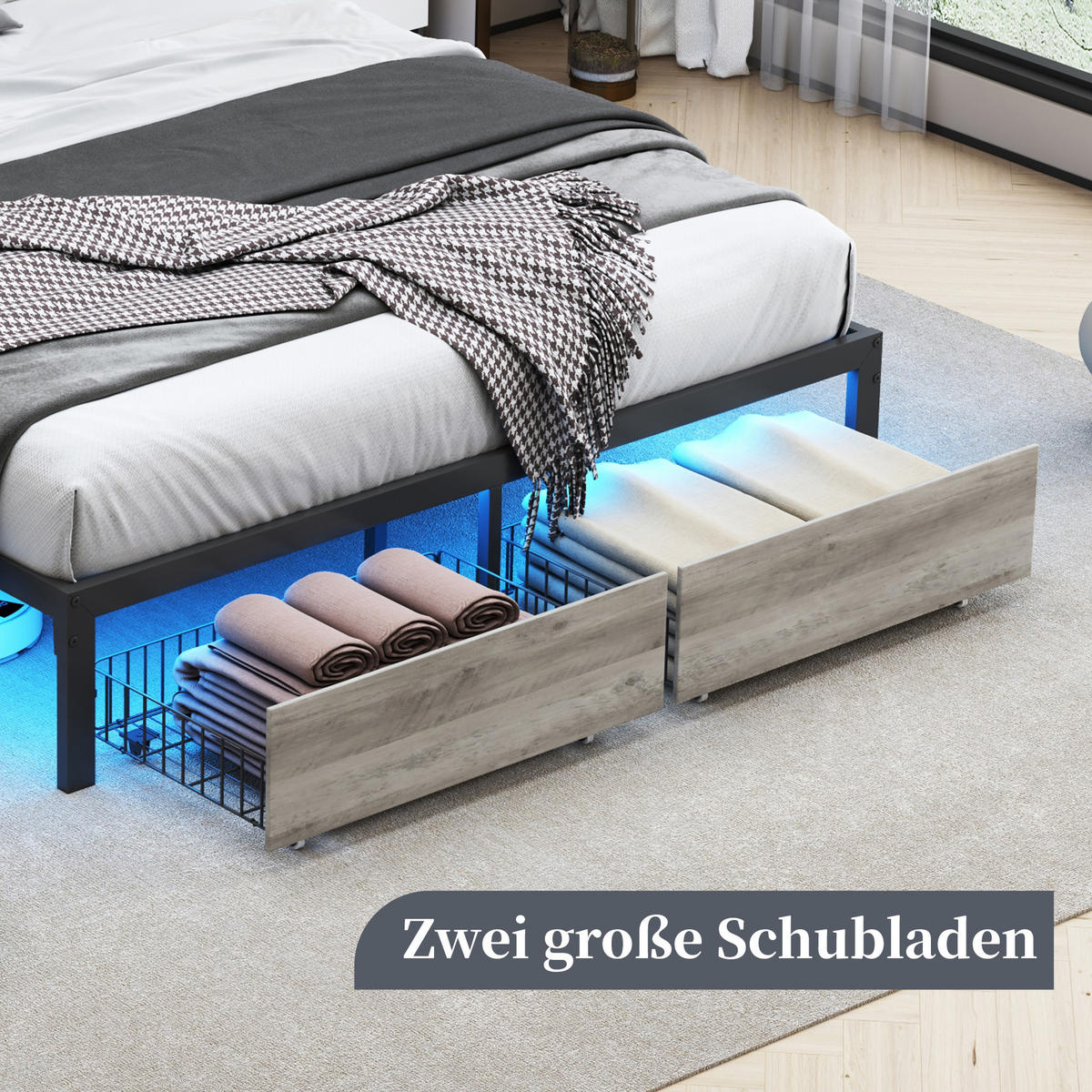 STAURAUMBETTEN 140 x 200 cm, mit LED-Beleuchtung und USB-Ladefunktion, 2 Schubladen, schwarz, PU - Schwarz, Holz (140/200cm) - WoodenAura