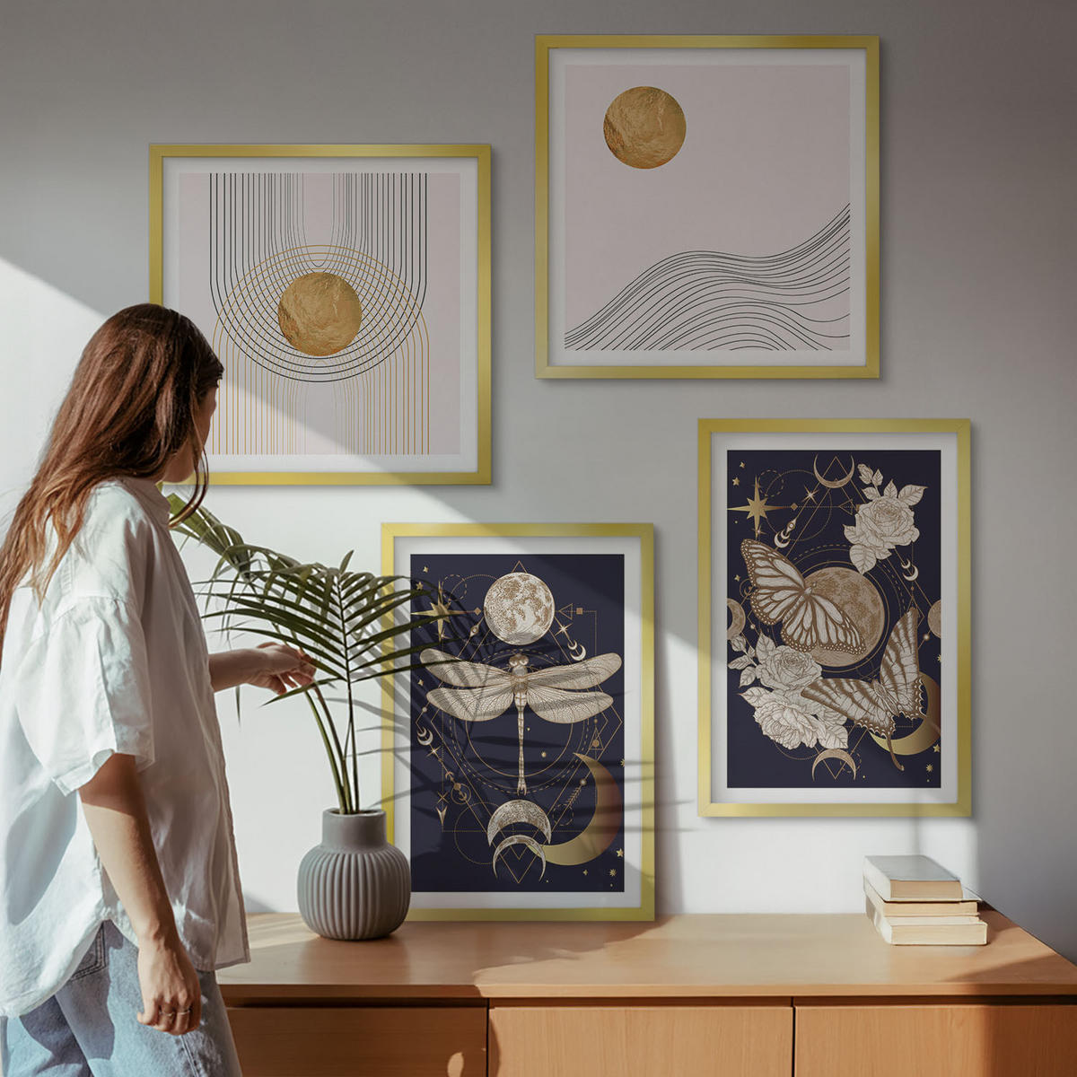 BILDER SET 4er Set - 50x50 cm & 40x60 cm Goldrahmen - Naturmotive mit dem Mond - Goldfarben, Kunststoff (50/50cm) - TULUP