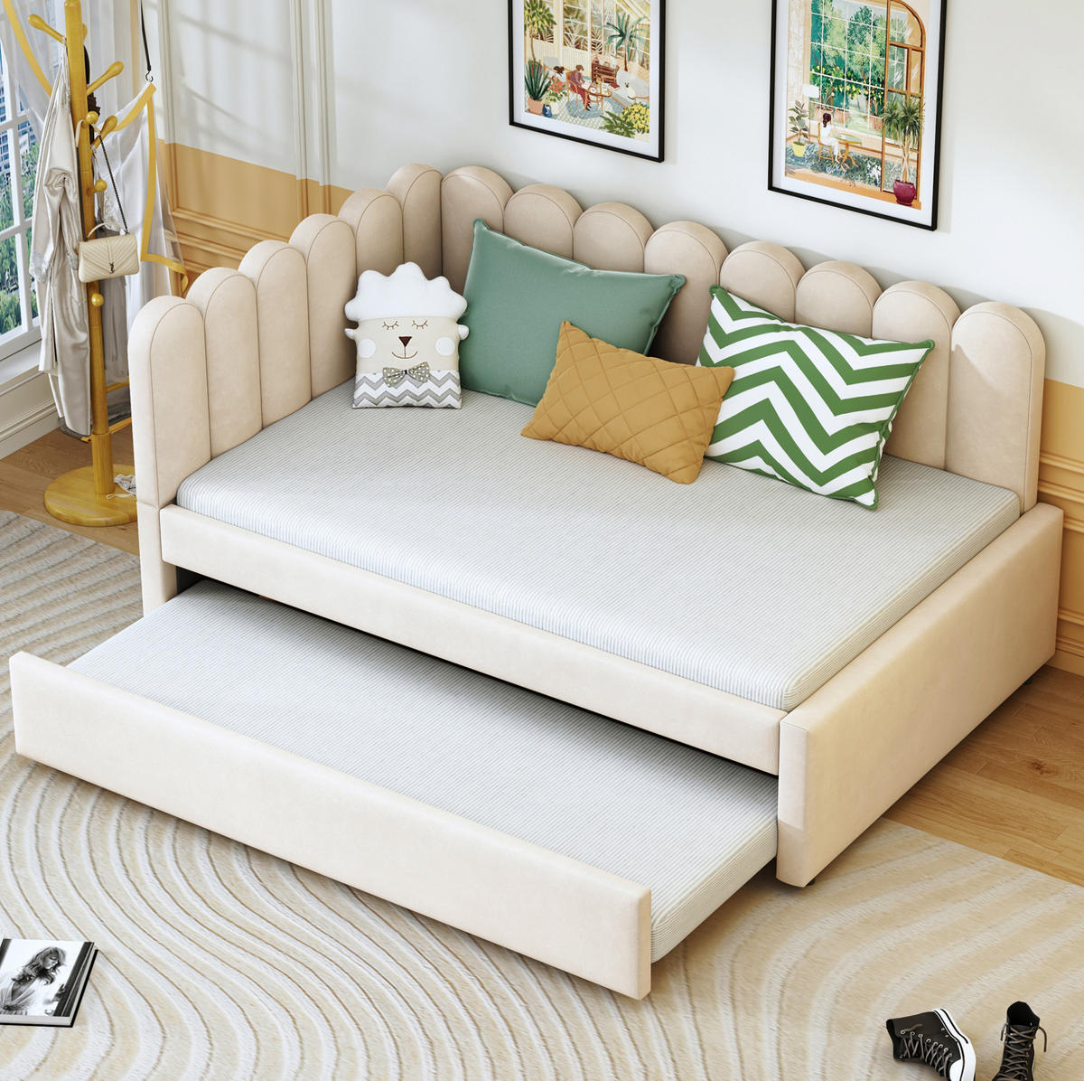 POLSTERBETT 140/200 cm aus Samt mit Ausziehbett in L-Form Beige - Beige, Textil (140/200cm) - Modenvie