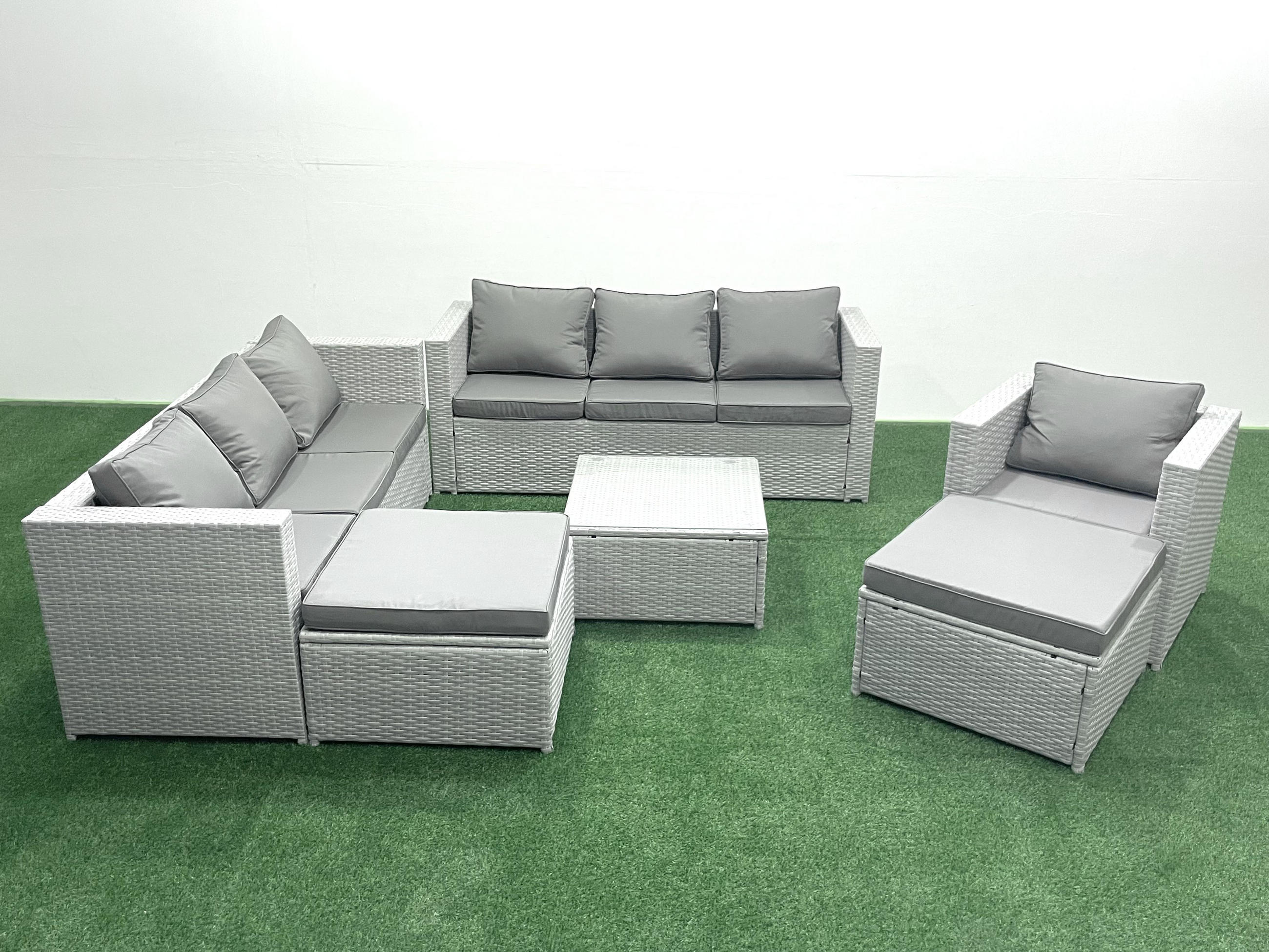 GARTENMÖBEL-SET mit Kissen Polyrattan Hellgrau-Mix 9-Sitzer - Hellgrau/Grau, Glas/Kunststoff - Fimous
