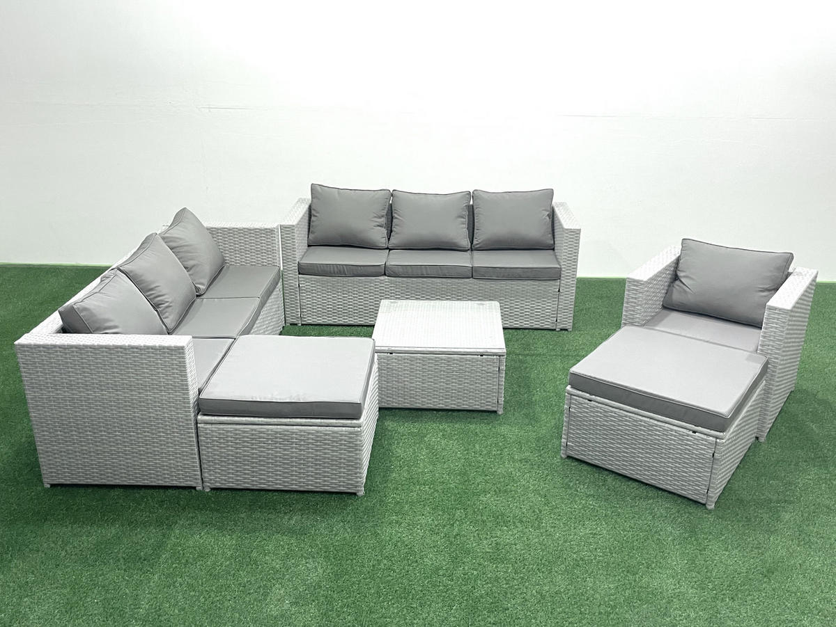 GARTENMÖBEL-SET mit Kissen Polyrattan Hellgrau-Mix 9-Sitzer - Hellgrau/Grau, Glas/Kunststoff - Fimous