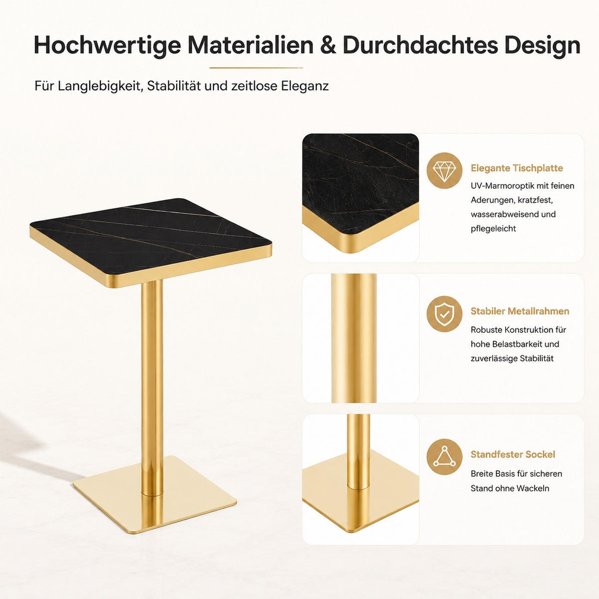 ESSTISCH Quadratisch Marmor-Optik Schwarz & Gold 60x60cm Bistro-Tisch - Schwarz, Holzwerkstoff (60/60/74cm) - Urban Meuble