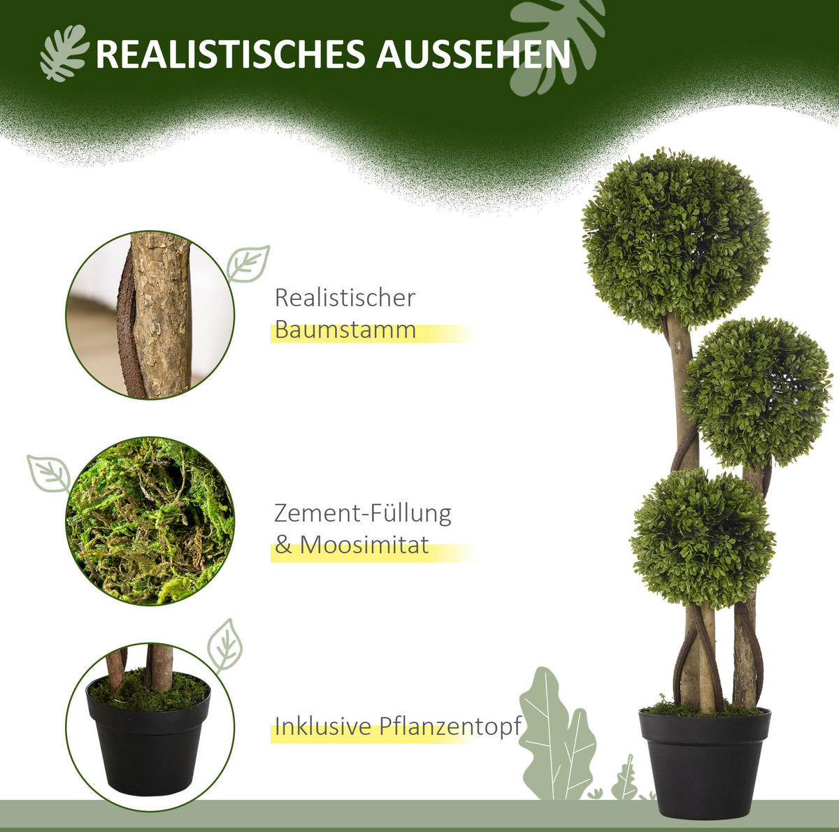KUNSTPFLANZEN 17/17/90 cm grün aus Kunststoff mit Übertopf und UV-Schutz - Grün, Kunststoff (90cm) - OKWISH
