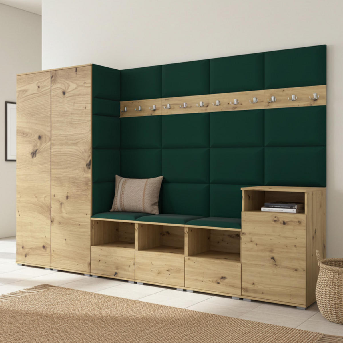 GARDEROBE NELA XII 300 cm (Modulare Flurmöbel Artisan Eiche mit Sitzpolster Flaschengrün 28 Gigantisches Set) - Dunkelgrün/Silberfarben, Holz/Holzwerkstoff (300/187/40cm) - Ravio