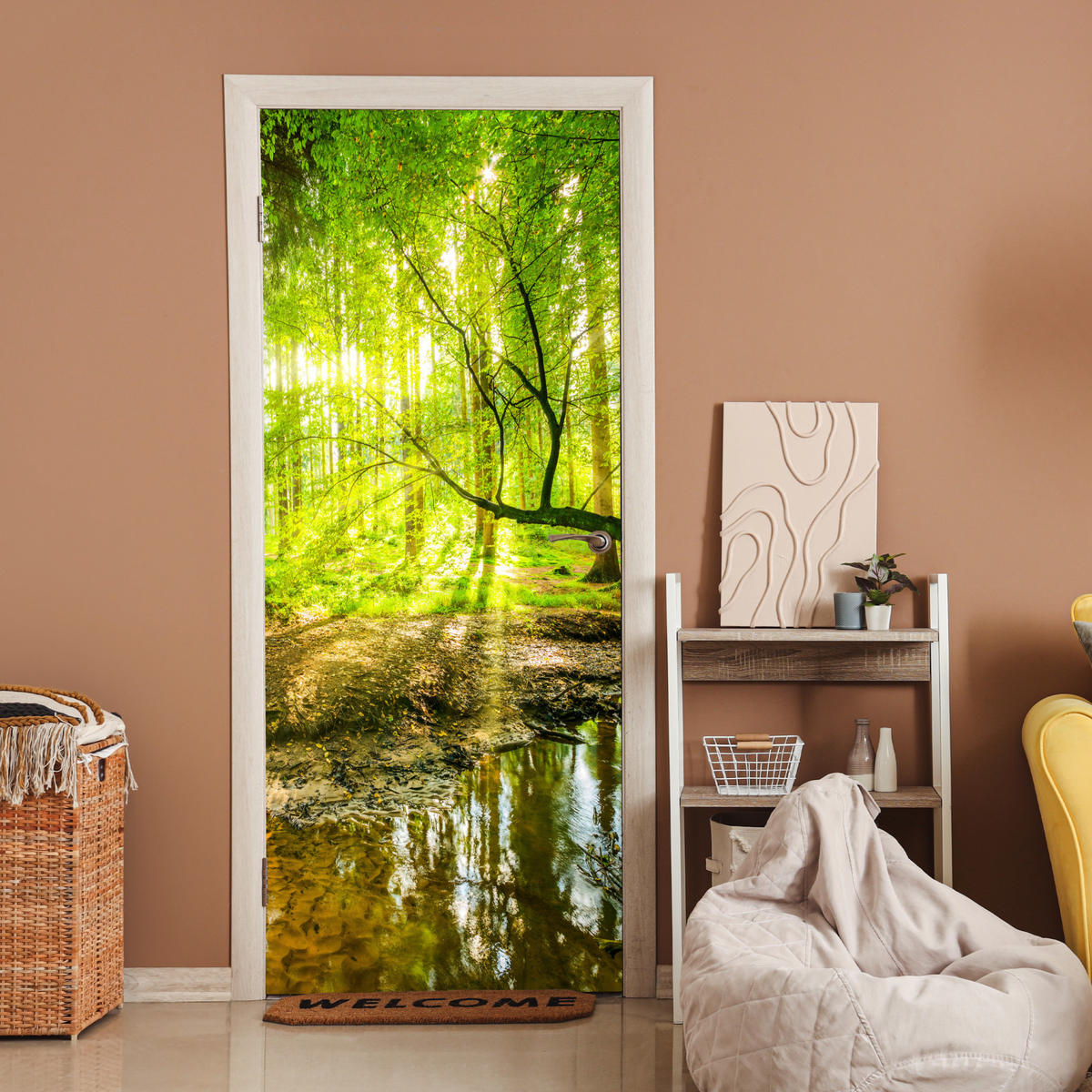 TÜRAUFKLEBER Selbstklebend - Wald - Landschaft - Wasser - Bäume - Sonne - Grün - Natur 80x205 cm - Türtapete - Hellgrün, Kunststoff (80/0.1cm) - MuchoWow