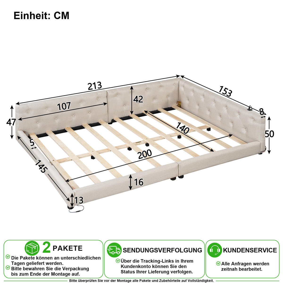 DENNÍ POSTEL 140/200 cm v béžové barvě s LED osvětlením, USB a Type-C - béžová, kompozitní dřevo/textil (140/200cm) - CHICFURN
