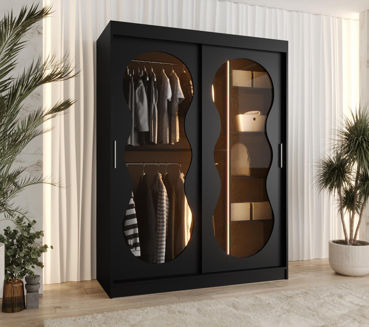 SCHWEBETÜRENSCHRANK 200/150/62 2-türig - Schwarz, Holz (150/200/62cm) - Abiks Möbel