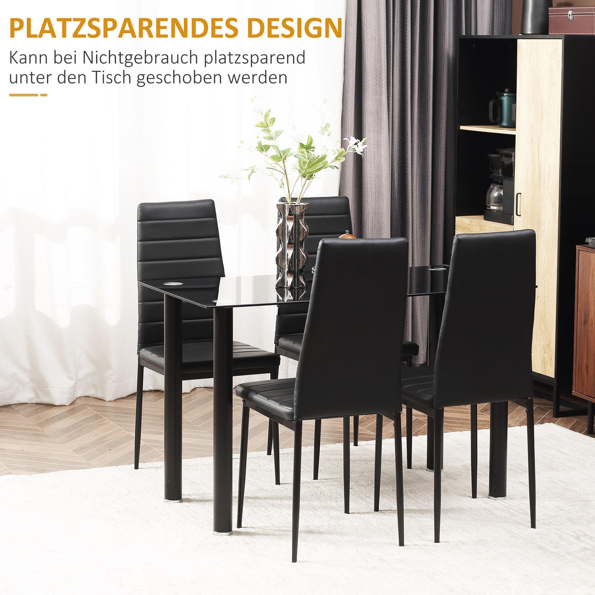 5-TLG. Essgruppe, Esstisch mit 4 Stühlen, Küchentisch mit Hartglasplatte Schwarz - Schwarz, Kunststoff (60/97/120cm) - HOMCOM