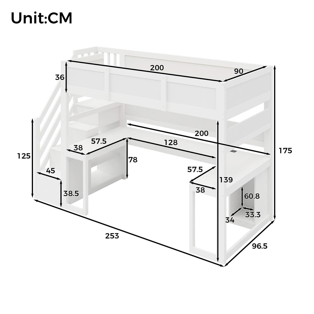 HOCHBETT 90 x 200 cm Schreibtisch LED-Beleuchtung und USB-Anschluss, Weiß - Weiß, Holz (90/200cm) - KOMHTOM