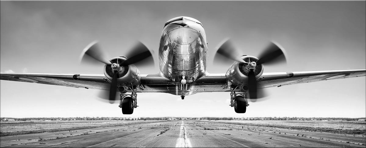 GLASBILD 125x50 cm Flugzeug Schwarz Weiß - Weiß, Glas (125/50cm) - artissimo