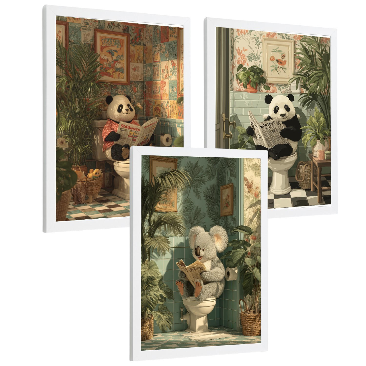 POSTER 3er-Set lustige Badezimmer-Drucke, Panda- und Koala-Tiermotive für Toilette, witziges für Toilette, Vintage-Botanik-Stil Weißer Rahmen A4 - Weiß, Papier (29.7/21/3cm) - Nacnic
