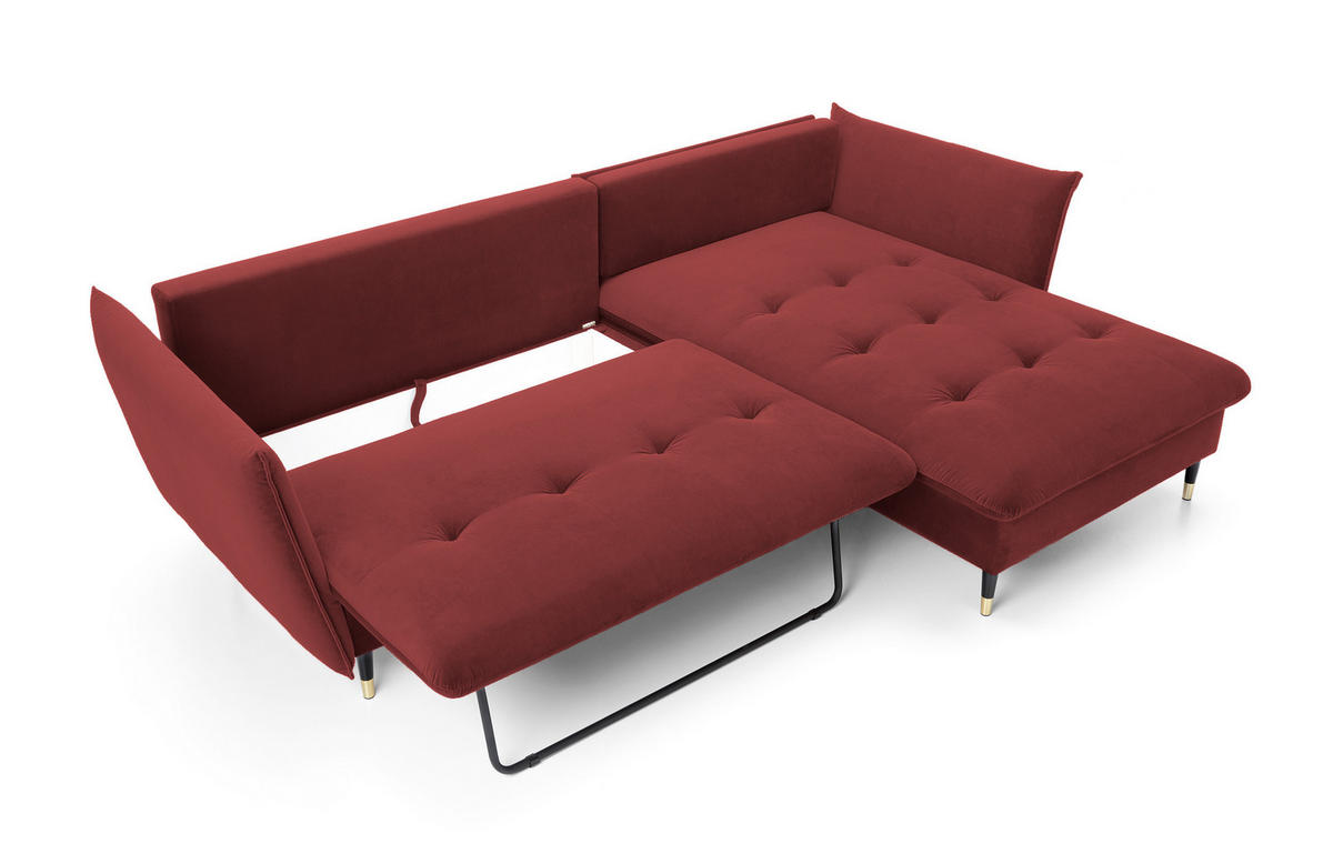 ECKSOFA GLAM mit Schlaffunktion, Ottomane & goldenen Füßen – Samtsofa im Glamour-Stil mit Zierkissen, 258x167x91 cm, rechte, burgunderrot​ - Bordeaux, Holz/Textil (258/167cm) - DomoHome