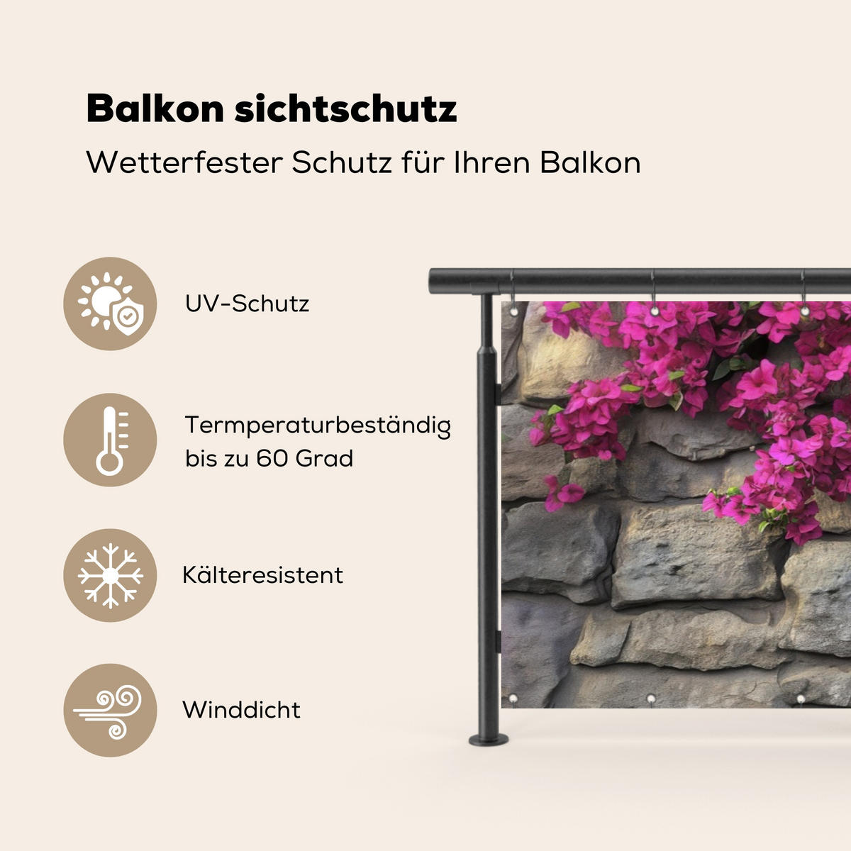 BALKON-SICHTSCHUTZ Bougainvillea - Steinmauer - Rosa - Magenta, Kunststoff (300/90cm) - MuchoWow